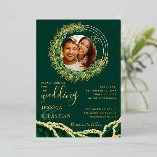 エメエレガントラルドグリーンと金ゴールド結婚ズ 箔招待状 (立ち正面)