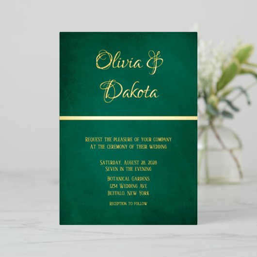 エメエレガントラルドグリーンと金ゴールド結婚ズ 箔招待状 (立ち正面)