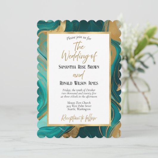 エメエレガントラルドグリーンと金ゴールド結婚式招待状 招待状 (スタンド正面)