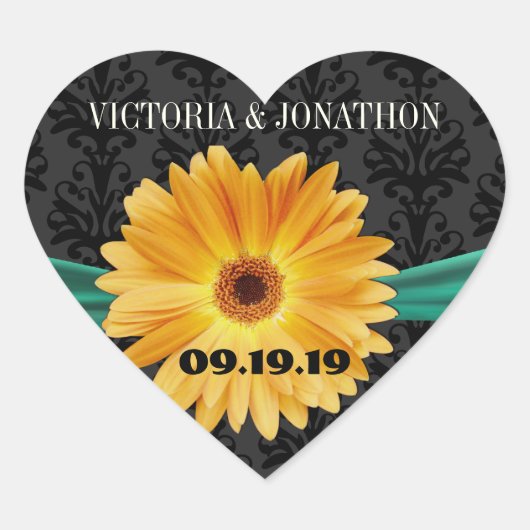 エメエレガントラルドグリーンイエローガーベラデイジー結婚ズ ハートシール (正面)