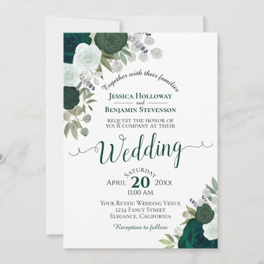 エメエレガントラルドグリーンウォーターバラズ結婚 招待状 (正面)