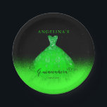 エメエレガントラルドグリーンスペインのガウンキンセアニラパップ ペーパープレート<br><div class="desc">鮮やかな明るいエメエレガントラルドグリーンからブラックのフェードグリッターの背景に鮮やかな明るいエメラルドグリーンのガウンを搭載したフェスティバルでスペインのもキンチェニェラのデザインフェイク。魔法の夕べのためのフェイク緑のグリッターの多くを備えている。複合デザインバイホリデーハートデザイン。</div>