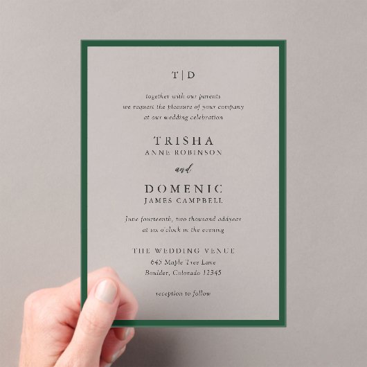 エメエレガントラルドグリーンモダンモノグラム結婚ズ アクリル招待状 (インサイチュ (ポータブル))