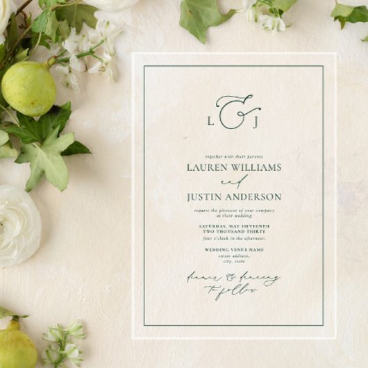 エメエレガントラルドグリーン書道モノグラム結婚ズ アクリル招待状