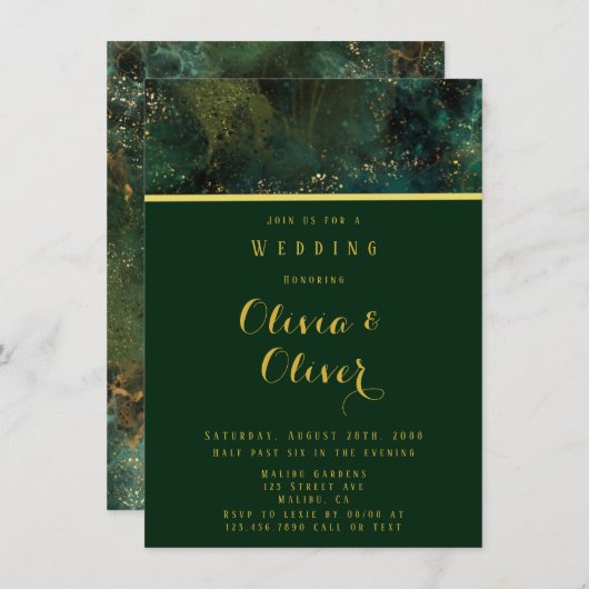 エメエレガントラルドグリーン&金ゴールドグリッターアゲート結婚ズ 招待状 (正面/裏面)