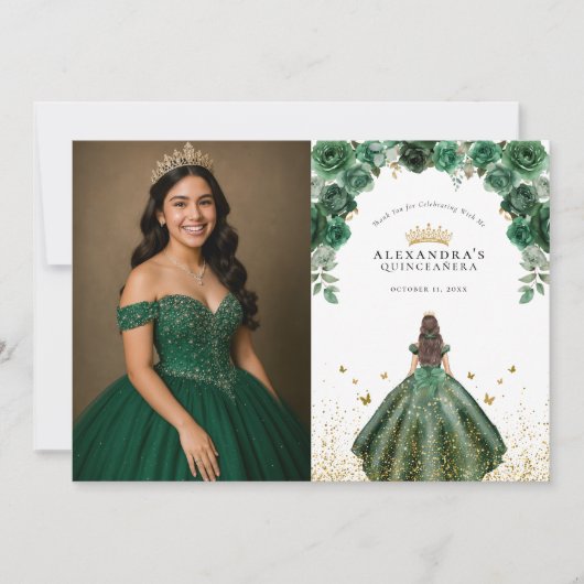 エメエレガントラルドQuinceaneraフローラホイルフェイクフォト サンキューカード (正面)