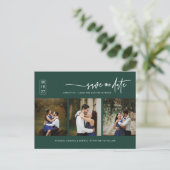 エメミニマルラルドグリーンフォトQRコード日付の保存 ポストカード (スタンド正面)