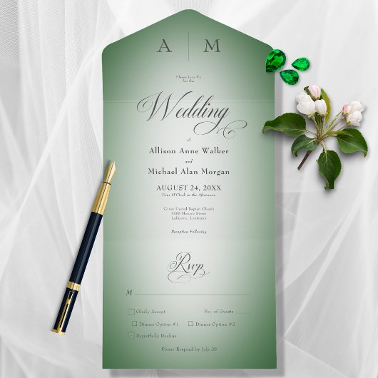 エメミニマルラルドグリーン&ホワイトぼやけディモダンナー オールインワン招待状