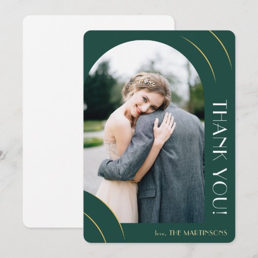 エメモダンラルドグリーンと金ゴールドフォト結婚ズ サンキューカード (正面/裏面)