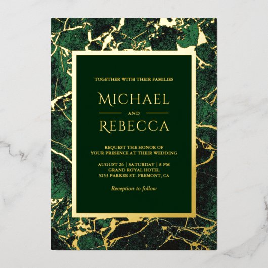 エメモダンラルドグリーン大理石結婚写真の金ゴールド 箔招待状 (正面)