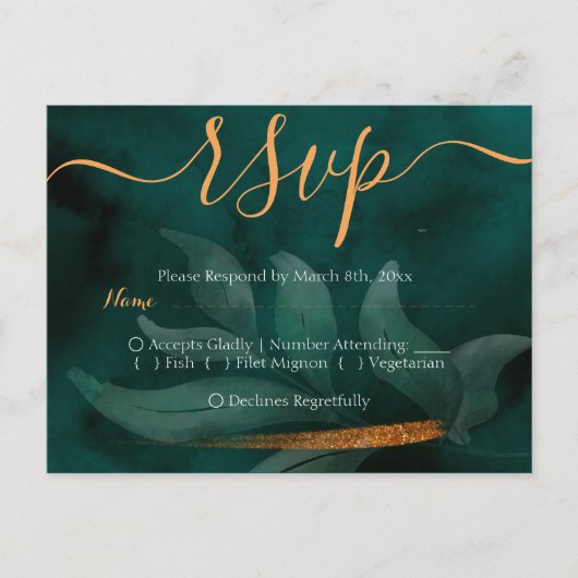 エメモダンラルドグリーン葉とRSVP ポストカード (正面)