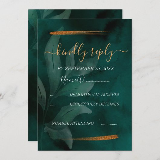 エメモダンラルドグリーン葉とRSVP 招待状 (正面/裏面)