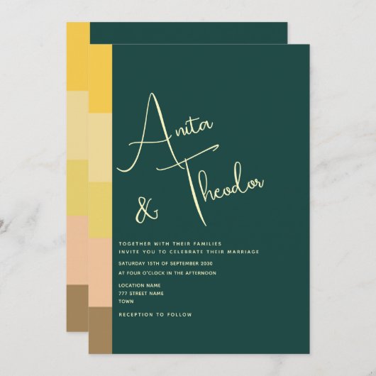 エメモダンラルド結婚グリーン 招待状 (正面/裏面)