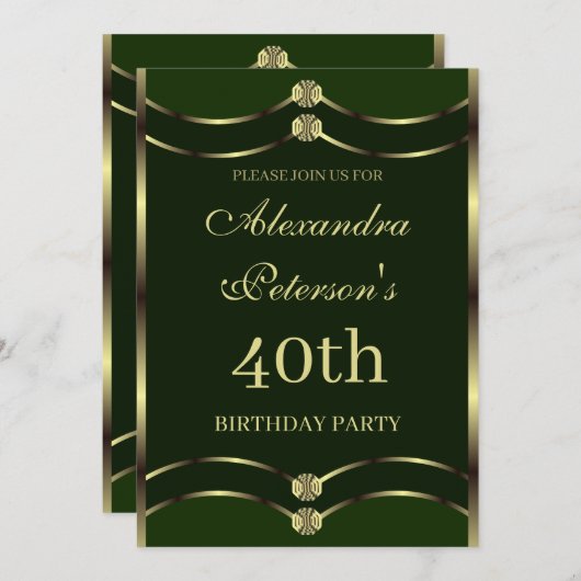 エメユニークラルドグリーン及び金ゴールド幾何学誕生日 招待状 (正面/裏面)