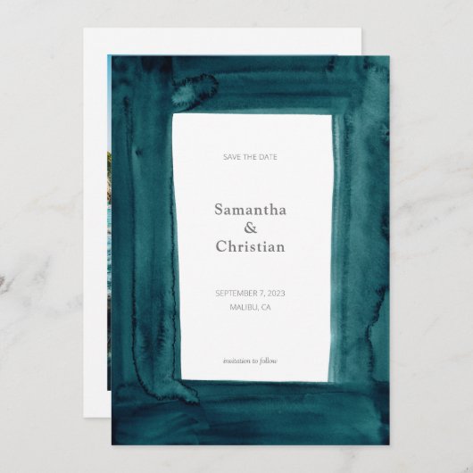 エメユニークラルド水の色の写真の日付を保存 招待状 (正面/裏面)