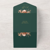 エメラルドとゴールドの花モチーフのQRコード付き秋の結婚式 オールインワン招待状 (外側)