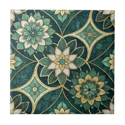 エメラルドとゴールドの花曼荼羅 - 装飾的 タイル (正面)