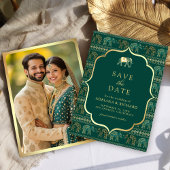 エメラルドとゴールドの象のインドの結婚式の写真 セーブザデート