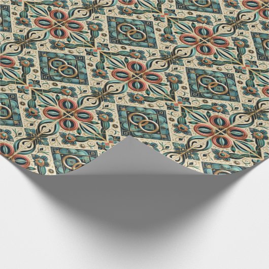 エメラルドとルビーとサファイアのリングが交差する洗練された結婚式のギフト包装 ラッピングペーパー (角)