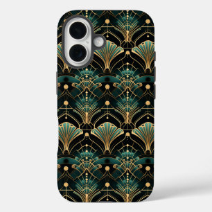エメラルドと金ゴールドアールデコファン iPhone 16ケース