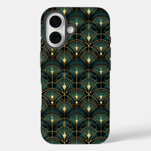 エメラルドと金ゴールドアールデコ パターン(の模様が)ある iPhone 16ケース