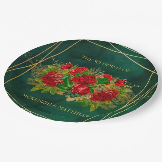 エメラルドと金ゴールドジオメトリック(赤い花模様) ペーパープレート (アングル)