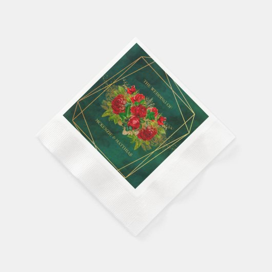 エメラルドと金ゴールドジオメトリック(赤い花模様) 縁ありカクテルナプキン (角)