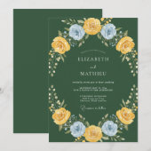 エメラルドと黄色の花のウィズミカルな結婚式 招待状 (正面/裏面)