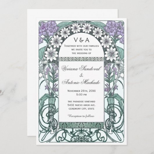 エメラルドのすみれ色の庭園の結婚式の招待状 招待状 (正面/裏面)