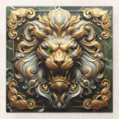 エメラルドのアクセントを持つ激しいゴールデンライオン ガラスコースター (正面)