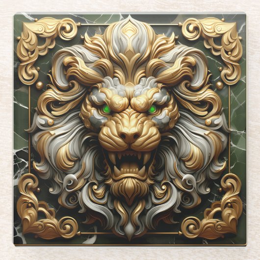 エメラルドのアクセントを持つ激しいゴールデンライオン ガラスコースター (正面)