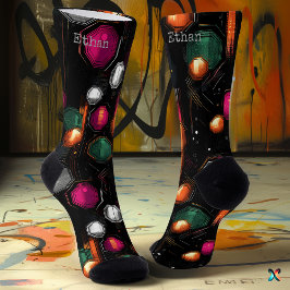 エメラルドのジオメトリックグロー、ブラックのマゼンタ ソックス