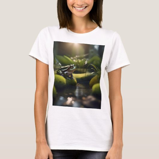 エメラルドのセレニティ:川のそばの緑のカエル。 Tシャツ (正面)