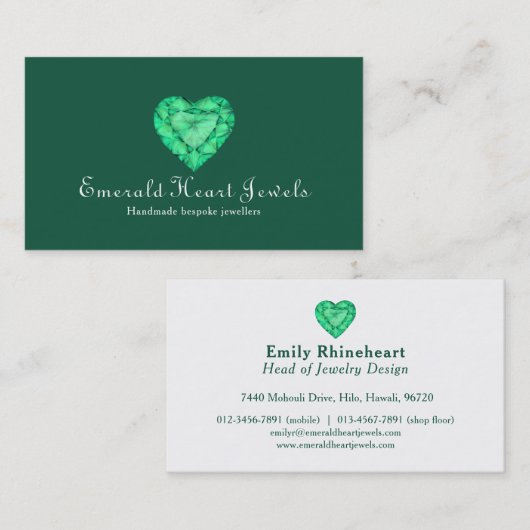 エメラルドのハートの宝石のジュエリーの緑の名刺 名刺 (正面/裏面)