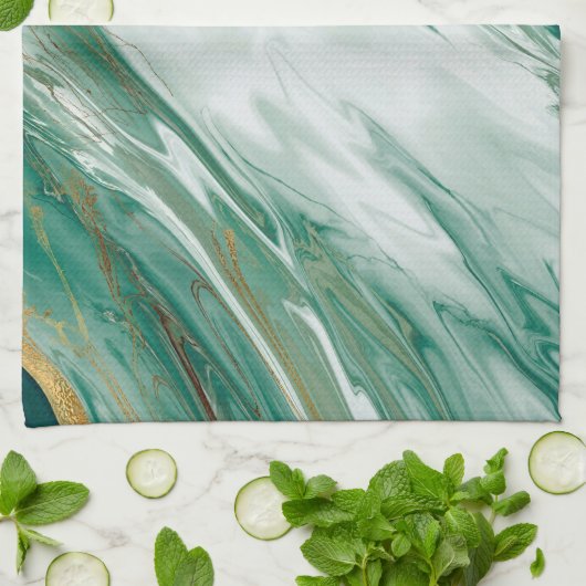 エメラルドのヒスイの緑金ゴールドのアクセントを置かれた色彩の鮮やかな大理石 キッチンタオル (折り畳み)