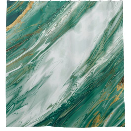 エメラルドのヒスイの緑金ゴールドのアクセントを置かれた色彩の鮮やかな大理石 シャワーカーテン (正面)