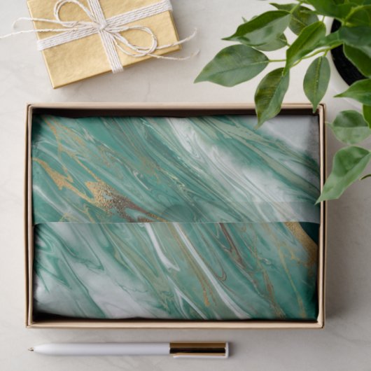 エメラルドのヒスイの緑金ゴールドのアクセントを置かれた色彩の鮮やかな大理石 薄葉紙 (ギフト)