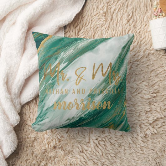 エメラルドのヒスイの緑金ゴールドの色彩の鮮やかな大理石の結婚式 クッション (ブランケット)