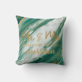 エメラルドのヒスイの緑金ゴールドの色彩の鮮やかな大理石の結婚式 クッション (正面)