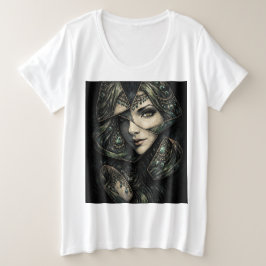 エメラルドの女神 ステンドグラス肖像画アート プラスサイズTシャツ