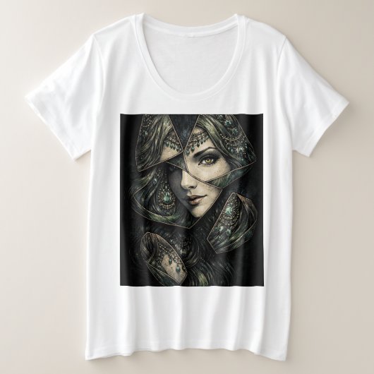 エメラルドの女神 ステンドグラス肖像画アート プラスサイズTシャツ (デザイン正面)