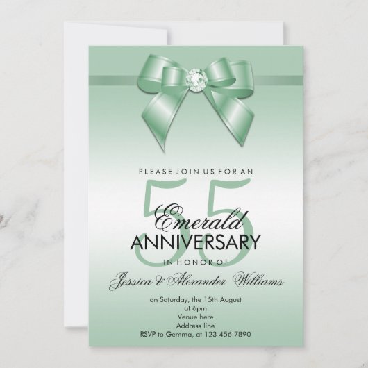 エメラルドの弓とリボン 55周年結婚記念日 招待状 (正面)