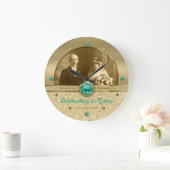 エメラルドの結婚記念日の緑の宝石のダマスク織の写真 ラージ壁時計 (ホーム)