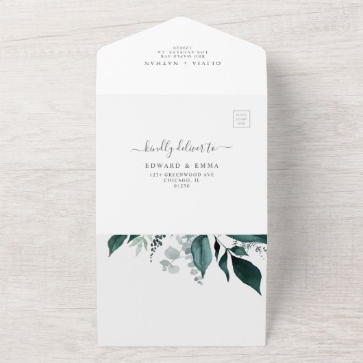 エメラルドの緑の木結婚の葉の全てを一つに オールインワン招待状 (外側)