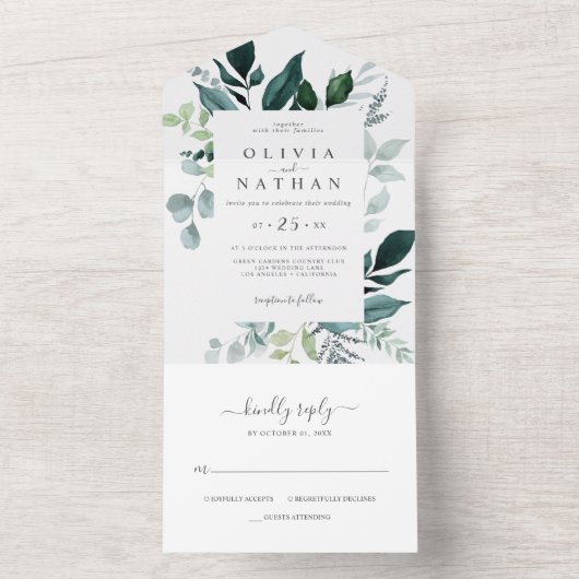 エメラルドの緑の木結婚の葉の全てを一つに オールインワン招待状 (内側)