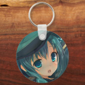 エメラルドの緑の瞳の髪をした驚いたアニメの少女 キーホルダー (正面)