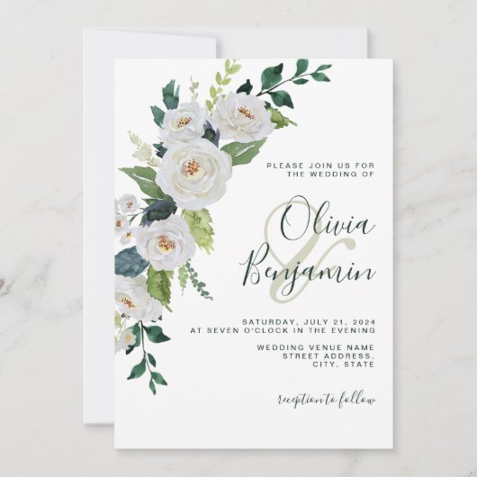 エメラルドアイボリーホワイトフローラエレガントウェディング 招待状 (正面)