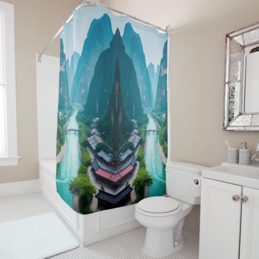 エメラルドウォーター&マウンテンビュー – 風光明媚なバスルーム シャワーカーテン (インサイチュ)