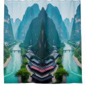 エメラルドウォーター&マウンテンビュー – 風光明媚なバスルーム シャワーカーテン (正面)