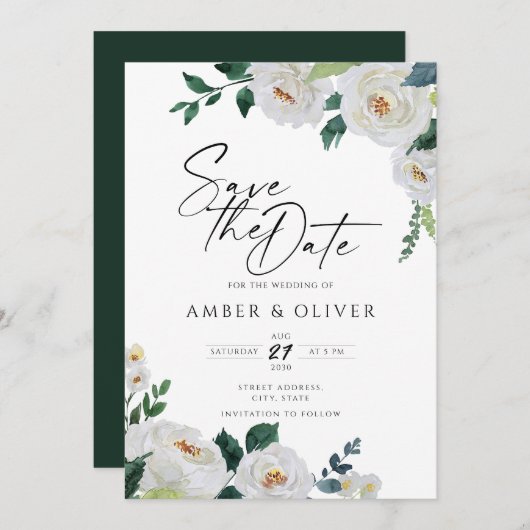 エメラルドエレガントアイボリーホワイトフローラ保存日付 招待状 (正面/裏面)